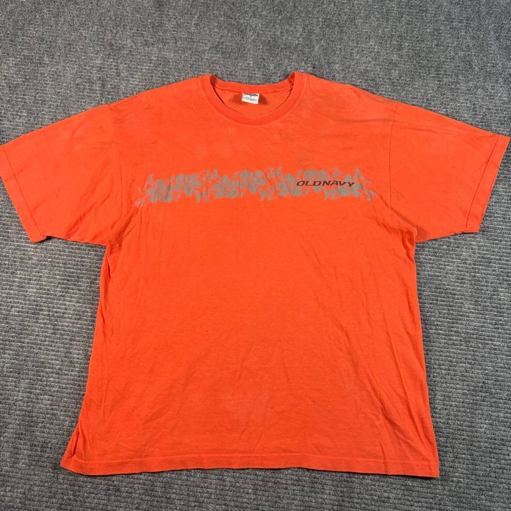 Vtg Old Navy T-Shirt Mens M Orange Good Floral Hibiscus Graphic Y2K Tee